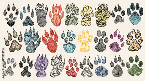 Various Paw Prints and Patterns of Different Animals on a Light Background