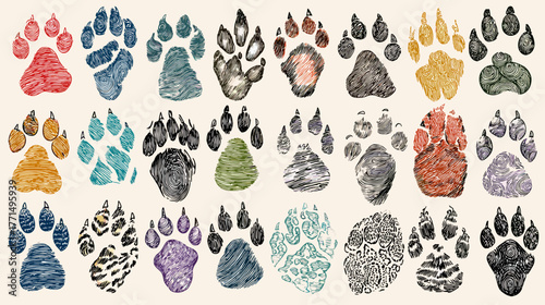 Various Paw Prints and Patterns of Different Animals on a Light Background
