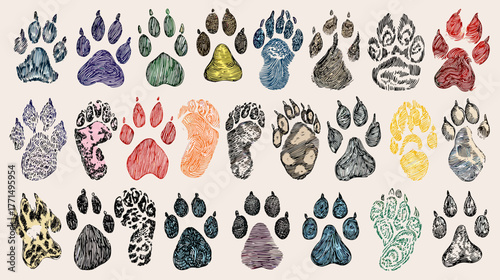 Various Paw Prints and Patterns of Different Animals on a Light Background