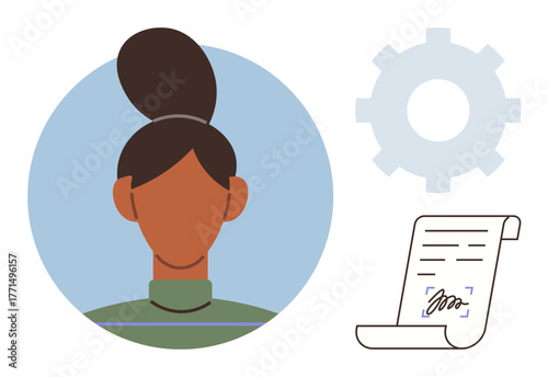 Female portrait inside circle, document with signature, and gear symbol. Ideal for career building, HR, employment, work agreement, workforce management process personal growth. Simple flat