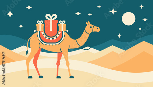 Camel carrying gifts under night sky in desert landscape, celebrating Día de los Reyes
 