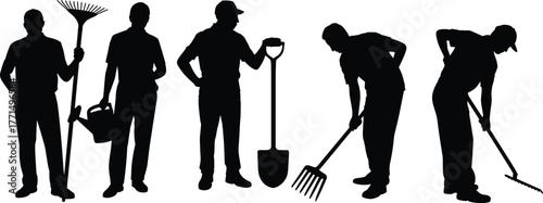 Silhouette of gardeners working with tools, rake, shovel, and watering can, isolated on white background, symbolizing gardening, labor, and outdoor work.