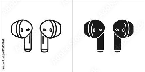 Two icons of wireless earbuds, one outlined and one filled