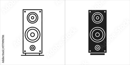 Two tall speaker icons, one outlined and one solid black