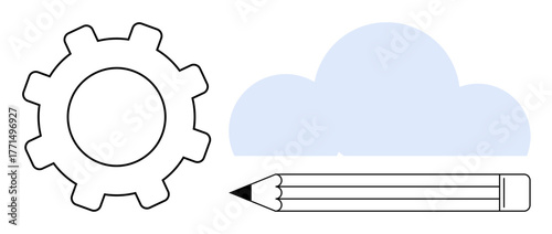 Gear, cloud, and pencil visualizing concepts of creativity, innovation, productivity, cloud computing, collaboration, networking and problem-solving. Ideal for technology design and task