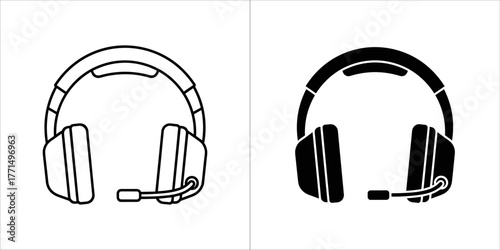 Pair of headphones with microphone, one in outline and one in solid black