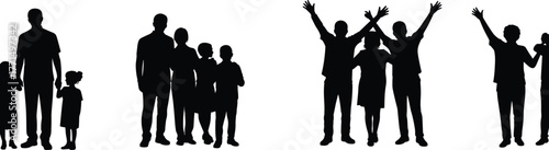 Silhouette of happy family with children raising hands, celebrating unity, togetherness, love, bonding, and joyful relationship concept illustration.