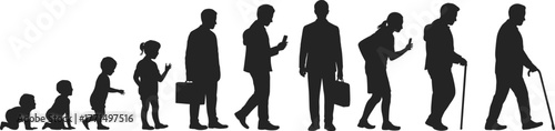 Silhouette of man life stages from childhood to old age, growth, aging, evolution, development, generational timeline, human life concept.