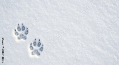 Fototapeta Naklejka Na Ścianę i Meble -  Two animal paw prints visible in fresh snow creating a symmetrical pattern, winter background.