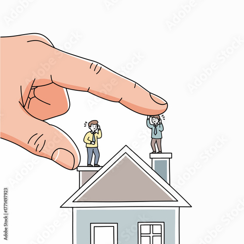 Small figures on rooftop with giant finger pressing down