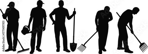 Silhouette of workers holding gardening tools like rake, shovel, and fork, symbolizing agriculture, labor, outdoor work, farming, and teamwork.