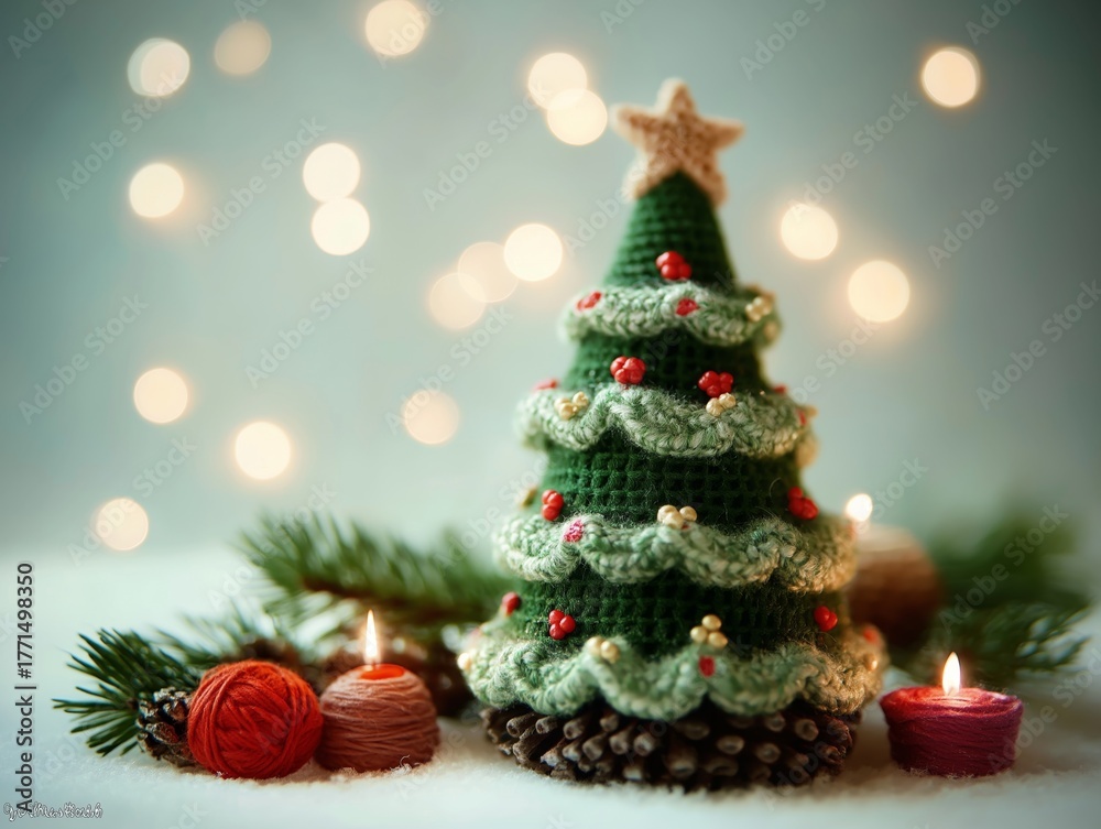 Fototapeta premium DIY Christmas mockup featuring small knitted tree with red berries on snowy background, magical bokeh effect, cozy handmade concept with space for text, ideal for hobby banners and craft promotions