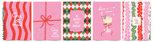 Merry Christmas greeting card, poster Set in trendy hand drawn style. Modern absrtract Xmas design with doodle waves, rhombuses, glasses of champagne, frame.