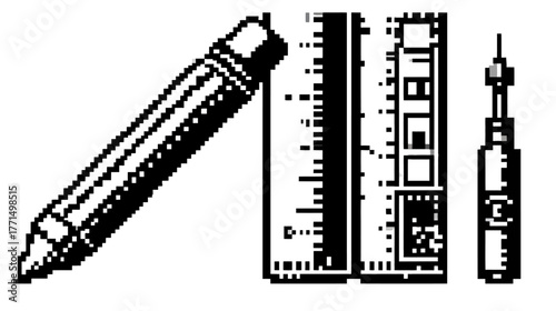 Minimalist black and white illustration of essential hand tools: a pencil, a ruler, and a screwdriver for design and repair.
