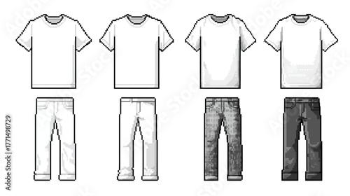 Pixel art clothing set featuring plain white t-shirts and assorted pants, including denim, in a retro 8-bit video game graphic asset style.