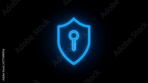 Glowing Neon Key Inside Digital Shield – Symbol of Data Protection, Cyber Security, Encrypted Access and Safe Technology Concept Design
