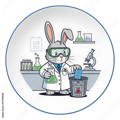 Animated image of a lab rabbit in a lab coat and goggles by a microscope and trash. The rabbit disposes of paper into a biohazard bin