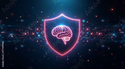 Futuristic Cybersecurity Concept – Neon Brain Inside Glowing Digital Shield, Surrounded by Binary Code, Circuitry and Dark Futuristic Design