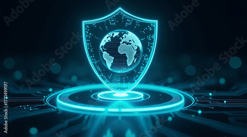 Futuristic neon shield with glowing Earth hologram on digital platform, global cybersecurity, world data protection, high-tech environmental safety illustration