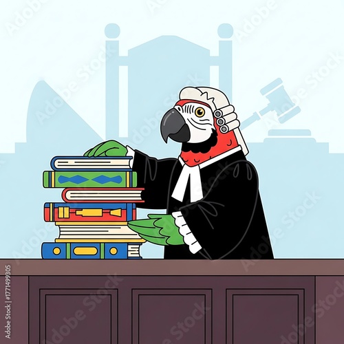 Animated image of a parrot dressed as a judge, holding a stack of books at a wooden desk with a courtroom backdrop