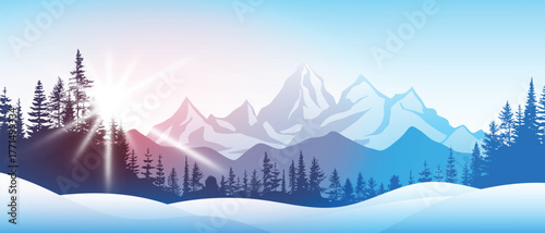 Sunrise in the mountains, shining sun, wild forest, misty silhouettes of ridges, vector illustration