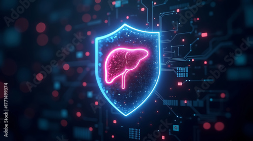Glowing Digital Shield with Neon Flaky Liver – AI Protection, Cybersecurity Concept, Floating Binary Code and Schematics Visualization