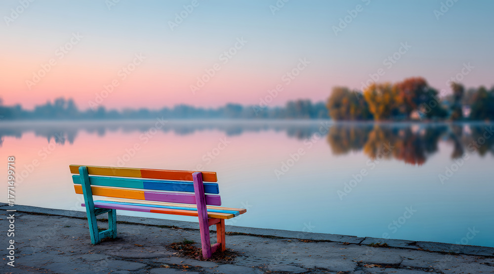 Obraz premium tranquil outdoor landscape scene at dawn features an empty wood bench positioned by the lake water, bathed in beautiful soft pastel color light for peaceful summer vacation concept and moment of relax