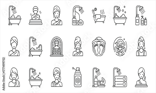 Comprehensive Collection of Shower and Bath Line Art Icons for Personal Hygiene, Self-Care Routines, and Bathroom Wellness, Modern Vector Graphics Set