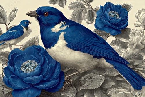 The bird is large, against the background of small birds and large blue flowers. Generative AI