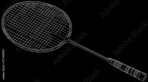 Badminton racket wireframe graphic on black background for sports design and digital art.