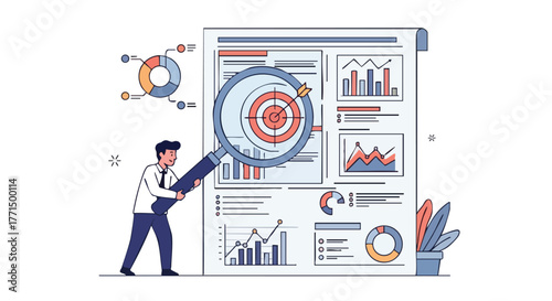 Man analyzing financial data and business reports with a magnifying glass, focusing on strategic goals and performance metrics.