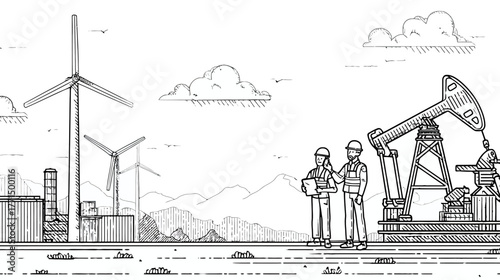 Line Art: Energy Industry Landscape with Wind Power, Oil Drilling, and Engineers. Contrasting Renewable and Fossil Fuels.