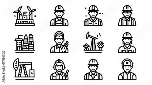Industrial workers and energy sector line art icons set: construction, oil and gas, renewable power, engineers, factory, and safety gear vector.