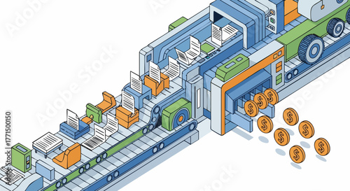 An isometric illustration of a manufacturing process, showing documents and coins.