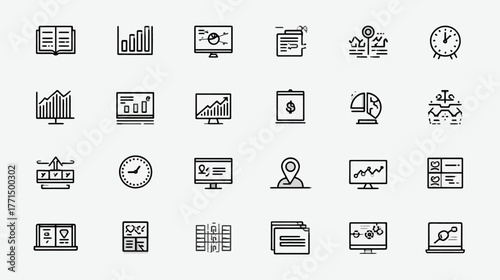 Business Analytics and Data Technology Line Icons Set. Collection of financial charts, statistics, and digital information symbols for web and app design.