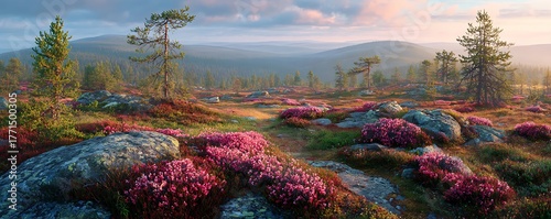Rose-pink tundra landscape under soft golden fog and pastel color lights
