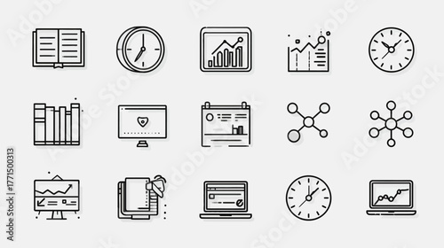 Set of minimalist line icons for business, education, data analysis, and office management. Includes charts, clocks, books, and computers.