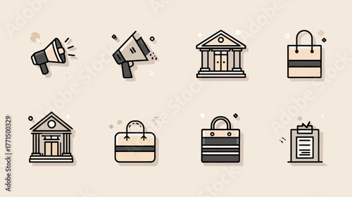 Modern Outline Vector Icons Set: Megaphone, Financial Building, Shopping Bag, and Clipboard for Business & Commerce