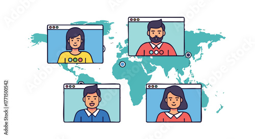 Illustration of a global video conference with four participants on a world map background.
