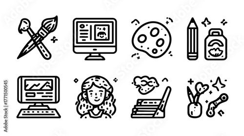 Hand-drawn doodle line art icon set for creativity, art, and design, featuring paintbrushes, digital screens, color palettes, and an artist.
