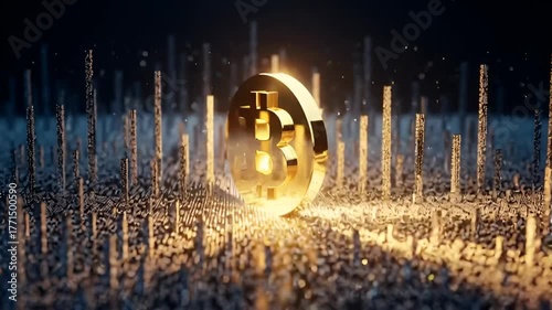 Golden cryptocurrency coin shines in a futuristic digital landscape representing blockchain technology and finance