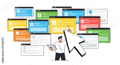 A person interacting with multiple digital windows, representing data and information.