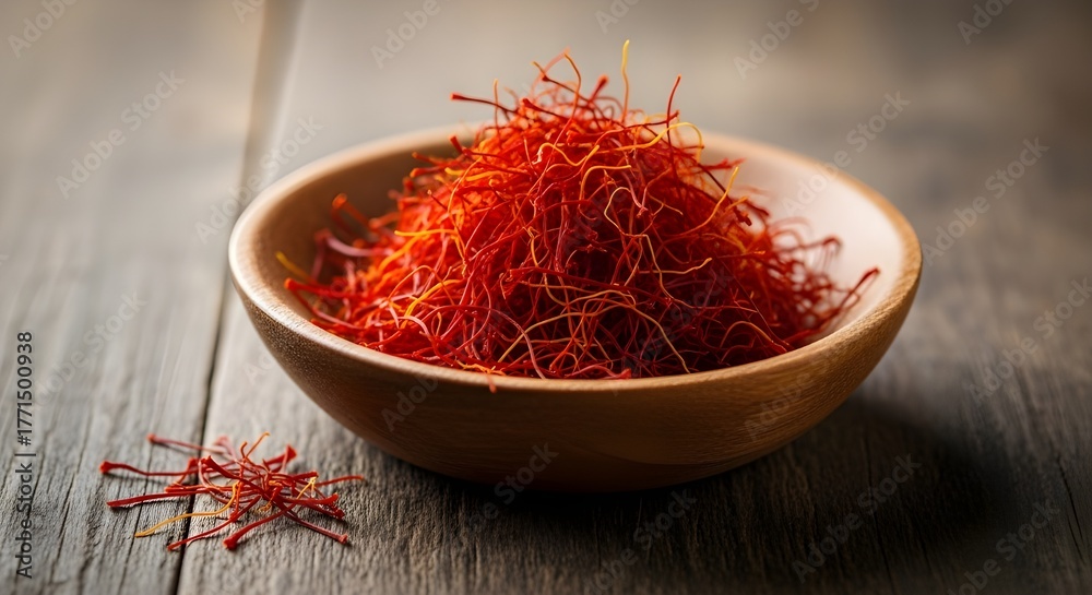 Fototapeta premium A wooden bowl filled with vibrant red saffron threads, showcasing their delicate texture and rich color on a rustic wooden surface a culinary spice
