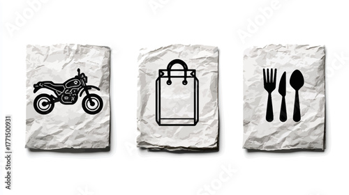 Three textured crumpled paper squares featuring black line icons: motorcycle, shopping bag, and cutlery set, representing diverse lifestyle choices.
