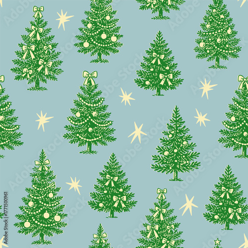 Winter spruce Trees with various decoration. Garland, toys, ribbons. Retro vintage style. Hand drawn Vector illustration. Christmas, New year celebration, holiday concept. Square seamless Pattern