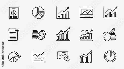Financial data analysis and business growth outline icons set. Investment, statistics, and economic development vector symbols.