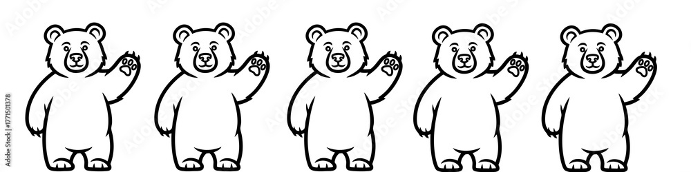 Fototapeta premium Greeting Bears in a Row: A charming lineup of five friendly cartoon bears waves, conveying a sense of warmth and greeting, set against a simple backdrop.