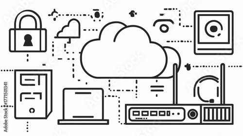 Cloud computing, cyber security, and network infrastructure concept. Digital data protection, server management, and internet connectivity icons.