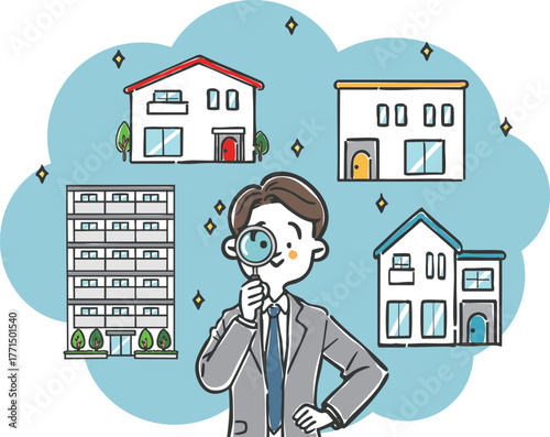 住まい探しの手伝いをするビジネスマン　ベクター
