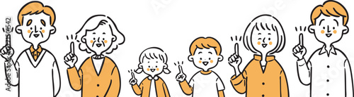 指差しをする家族三世代（オレンジ）　上半身　ベクター
